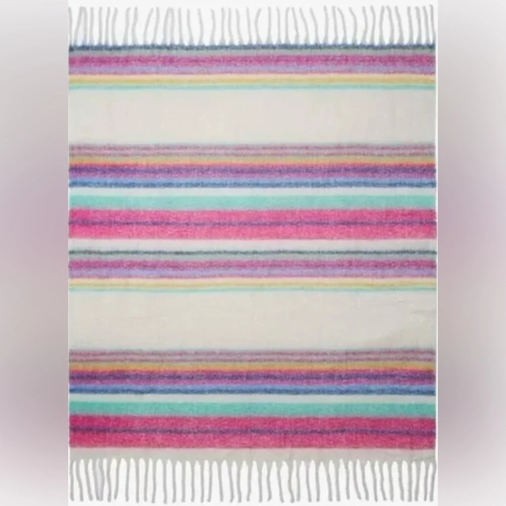 NWT Free People Fringe Throw Blanket 60x51 in Skye Stripe Ivory New $78 retail